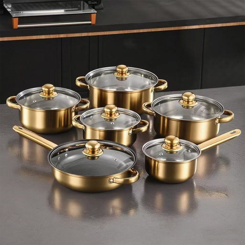 12 piezas de acero inoxidable paneles de comercio exterior transfronterizo colorido antiadherente mango de oro exportación cocina set pot
