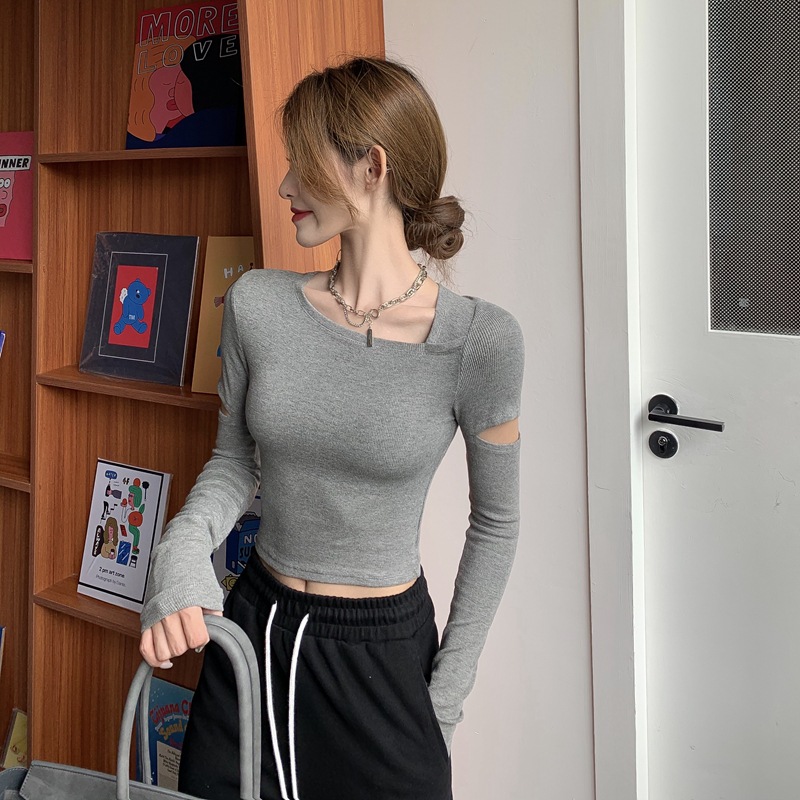 Solid color slim fit thin long sleeved T-shirt for women with holes and round neck as the base, autumn tight fitting_voghion.com