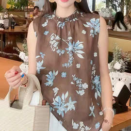 气质法式背心无袖衬衫女夏季2026新款碎花小衫轻奢高级感亚麻上衣