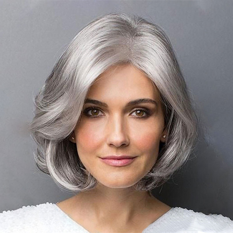 Women's Wigs, Synthetic Wigs for Middle-Aged and Elderly, Short Curly Hair, Granny Gray, Silver Gray Short Hair, European and American Style Wig Set Suitable for