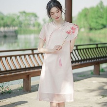 改良旗袍年轻款国风少女茶艺师中式禅意茶服棉麻连衣裙女夏小个子