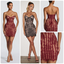 欧美2026新款蕾丝紧身抹胸连衣裙精致钩花修身短裙高腰显瘦A字裙