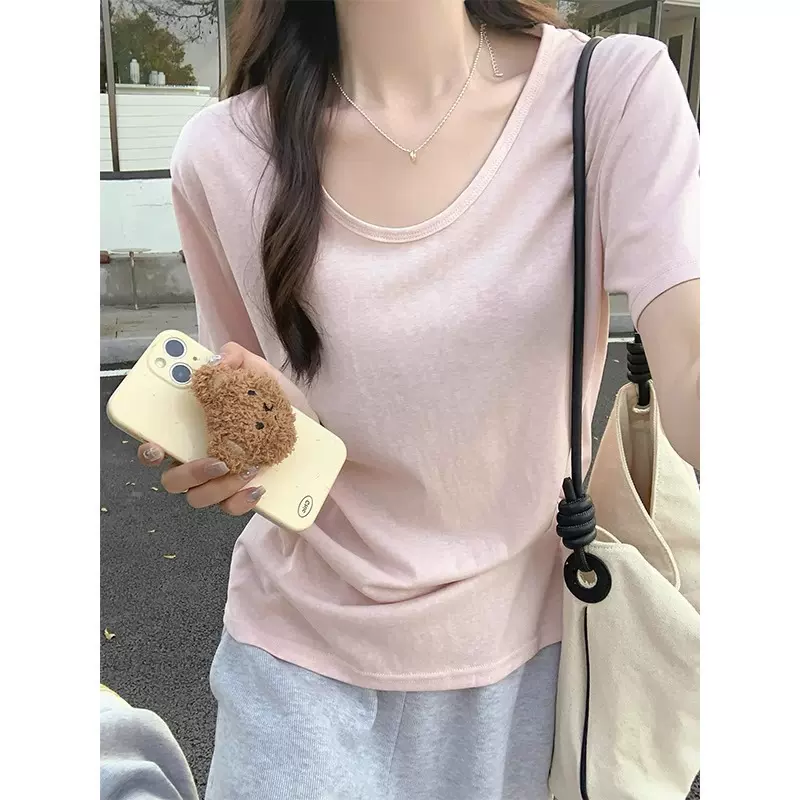 吾肌良品*女装系列小清新粉色多巴胺短袖t恤女2024夏季U领宽松