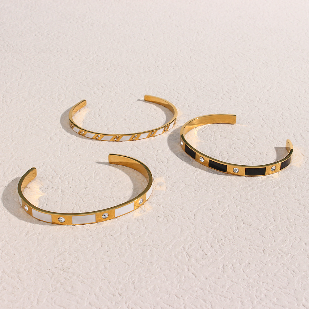 Fashion Stainless Steel 18K Gold Plating Rectangular Zircon Drop Oil Open-Ended Bracelet