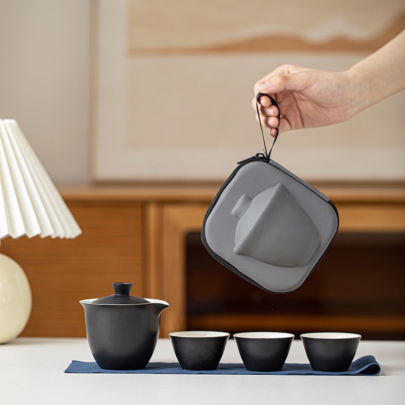 Ceramic Travel Tea Set, White Porcelain Portable Outdoor Quick Cup Car Storage Tea Box Gongfu Tea Set Combo