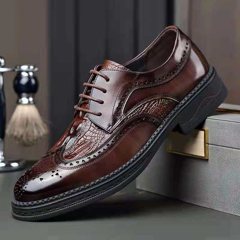 Giày da nam da bò thật kiểu Oxford Brogue Anh, đế thấp, dây buộc, dễ phối đồ công sở và đi tiệc cưới — Màu nâu, Màu đen, Màu đen lót nhung