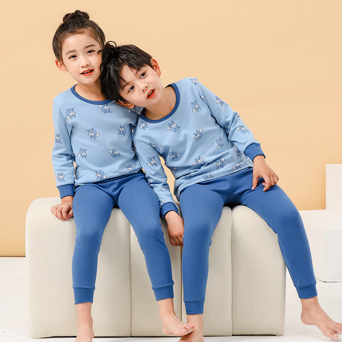  Autumn and Winter Children's Round Neck Pure Cotton Home Clothes Pajamas for Boys and Girls Cartoon Autumn Clothes and Autumn Pants Bottoming Underwear Set