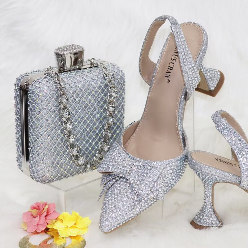 Royal Blue Party Pointed Toe Sandals and Slippers Shoe Bag Set Combination Bow Flower Toe Square Hand Bag