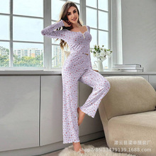 跨境爆款欧美风秋冬季家居服性感休闲时尚长袖长裤睡衣两件套装女