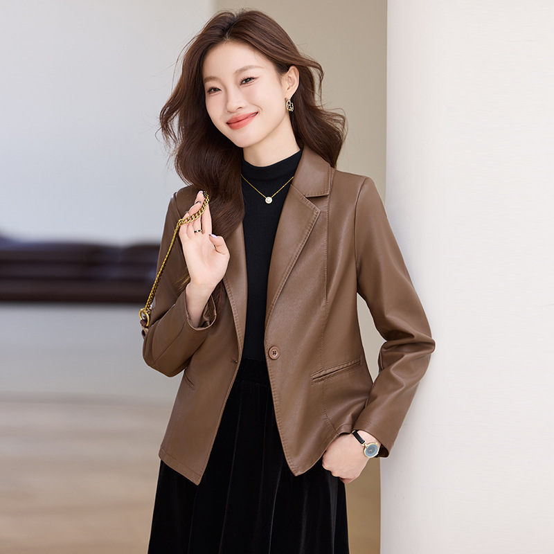 brown Leather Suit Jacket Women's Autumn and Winter 2024 New High-end Sense Elegant Slim-fit Women's Suit Short Top brown Leather Suit Jacket Women's Autumn and Winter 2024 New High-end Sense Elegant Slim-fit Women's Suit Short Top