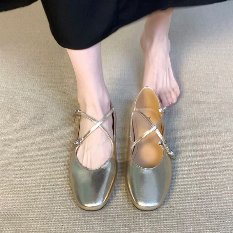 Hong Kong Genuine Leather Silver Cross Buckle Ballet Flats for Women Spring & Fall French Retro Flats Mary Jane Shoes Small Leather Shoes