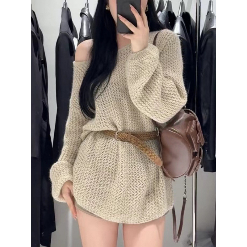 Kaning French-Style Hollow-Out Mid-Length Knit Sweater 2026 Autumn New Loose Casual Lazy Sweater with Belt