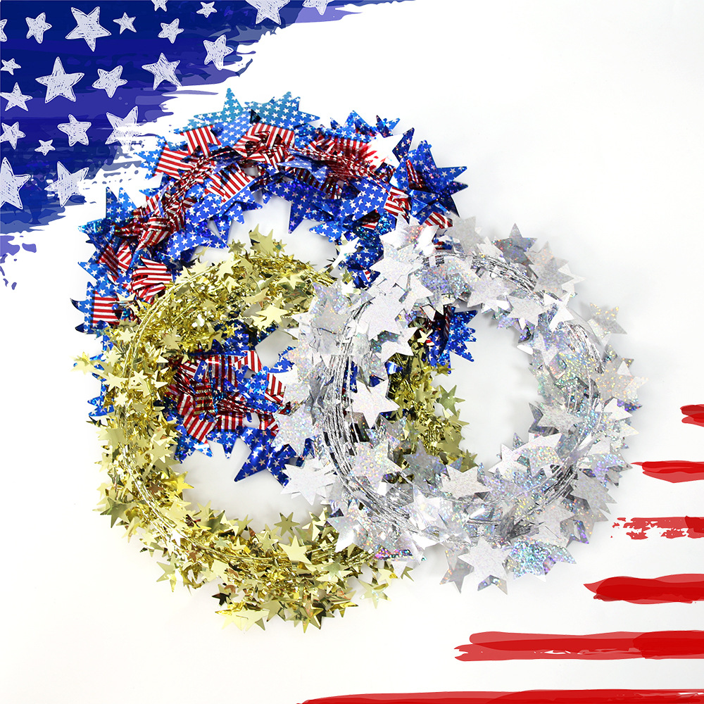 Decoración del Día de la Independencia de los Estados Unidos Guirnaldas de flores de estrellas de caña Fiesta de Retiro de colorido alambre rojo, blanco, azul, estrella de pentaco dibujar flores