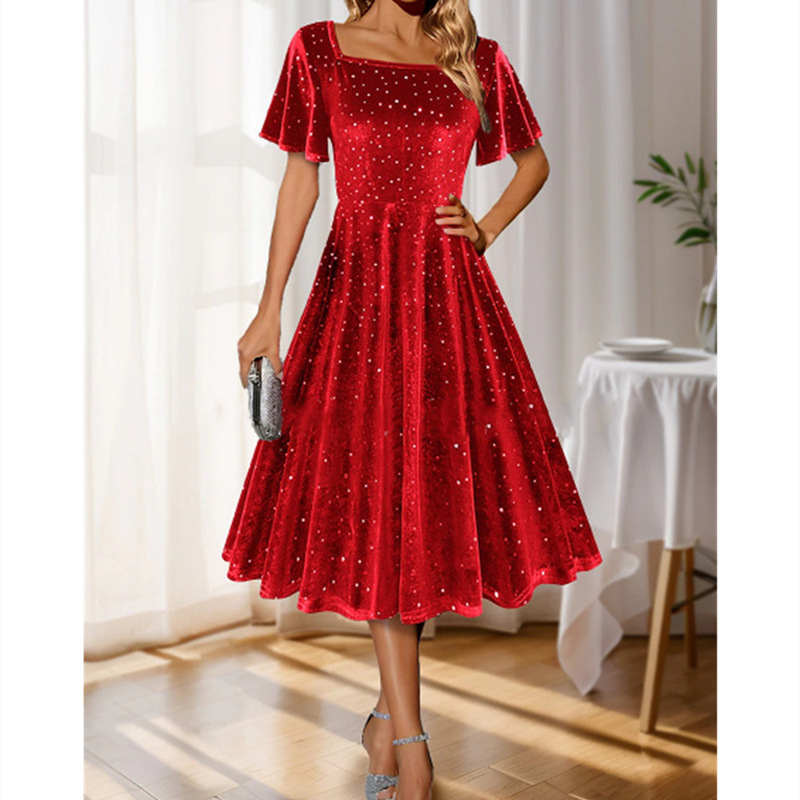 Cross-Border Foreign Trade European and American Style 2025 Square-Neck Short-Sleeve Holiday Cocktail Party Gold Foil Sequin Velvet Elegant Dress