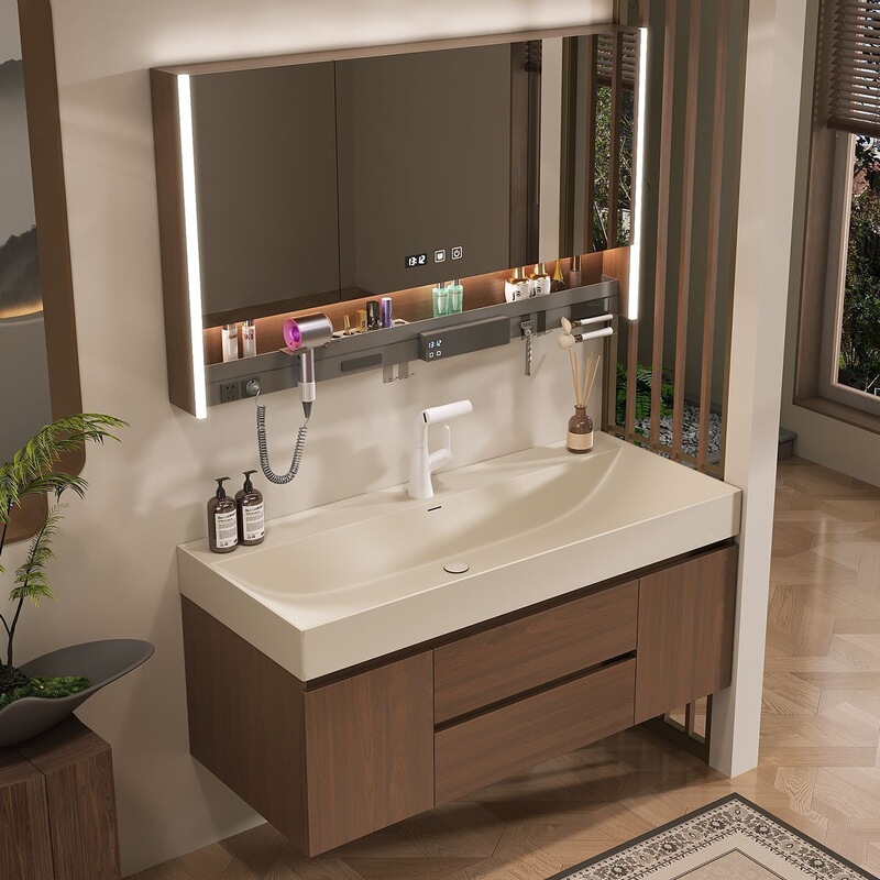 Walnut Bathroom Cabinet with Integrated Ceramic Basin, Antique-Style Gold-Plated Stone Washbasin, Integrated Basin Bathroom Cabinet, Washstand Walnut Bathroom Cabinet with Integrated Ceramic Basin, Antique-Style Gold-Plated Stone Washbasin, Integrated Basin Bathroom Cabinet, Washstand