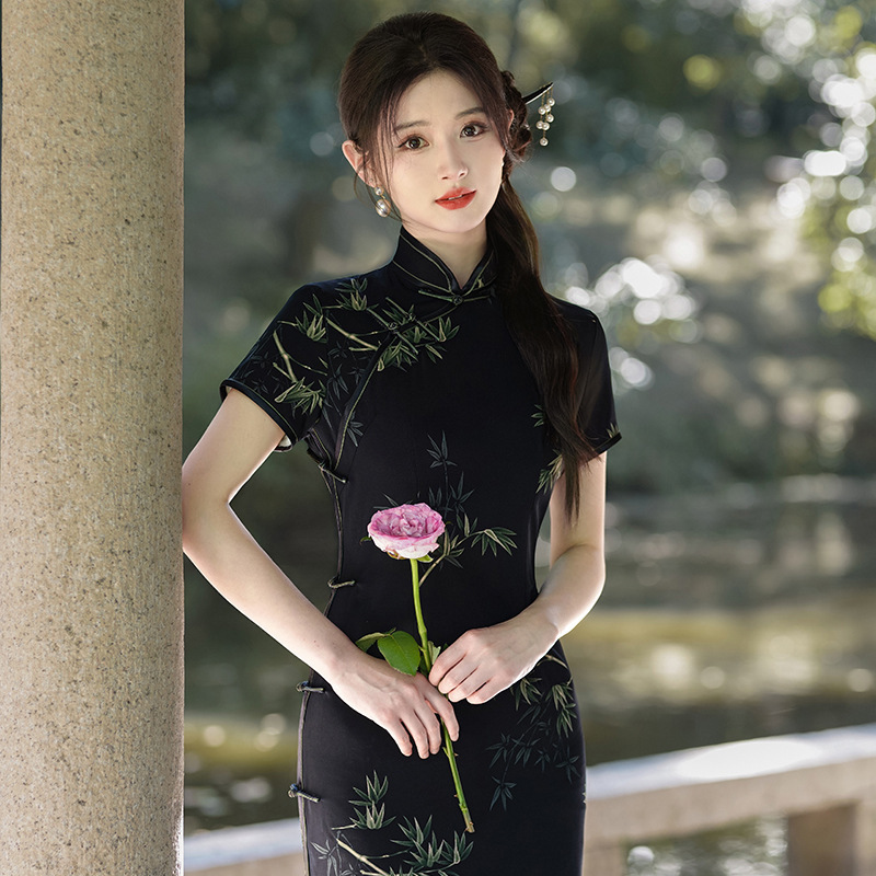 black silk chinese dress Black silk Cheongsam, Chinese traditional silk dress, Black silk Qipao L / Black