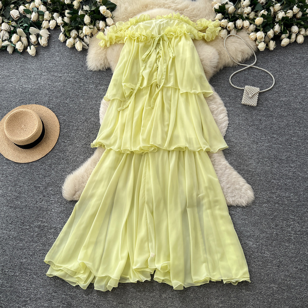 French Style Halter Neck Sleeveless Ruffle Dress Korean Summer High Waisted Cake Skirt Vacation Elegant Long Dress for Women_ecoleips.com
