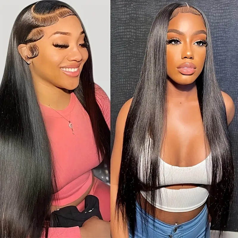 European American Fashion Long Straight Synthetic Wig Center Parted Full Head Lace Trim Hair Extension Average Size Body Wave_voghion.com