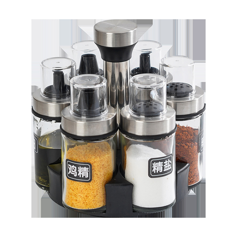 Nuevo hogar creativo botella de condimento giratoria caja de condimento botella de condimento de vidrio lata de condimento de cocina set de botella de condimento lata de condimento