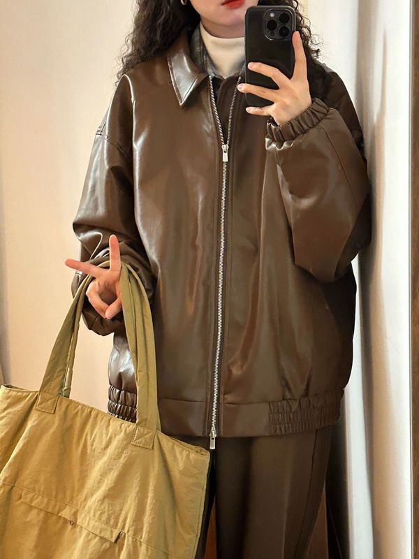美式复古美拉德PU皮衣外套女2025春秋新款高街宽松机车上衣夹克潮|undefined