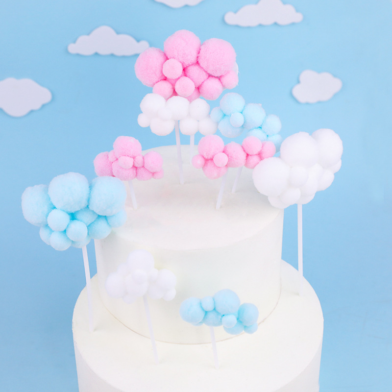 Creative Ins-Style Cloud Plug-In Cake Decoration Topper, White Cloud Pom-Pom Plug-In for Birthday Party Decoration
