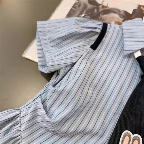 Striped College Style Dress for Girls 2024 Summer New Arrival Children's Baby Personality Cartoon Rabbit Embroidered Skirt