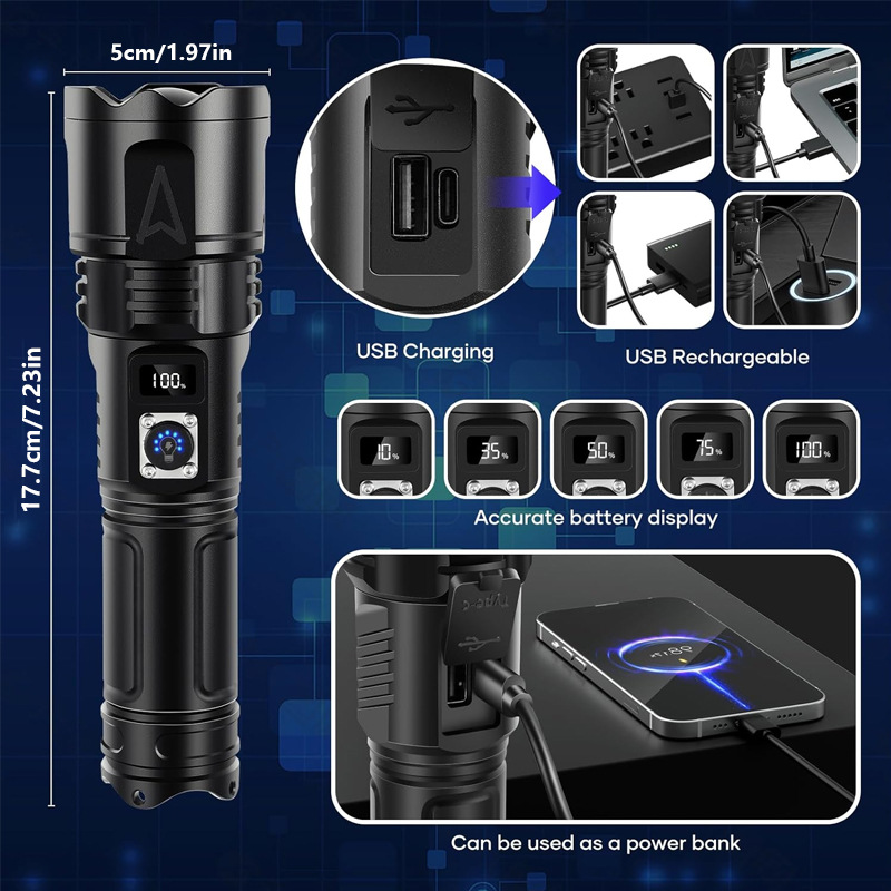 Nueva linterna de luz fuerte transfronteriza, pantalla digital, batería de larga duración, linterna láser portátil para exteriores de alto lumen de concentración