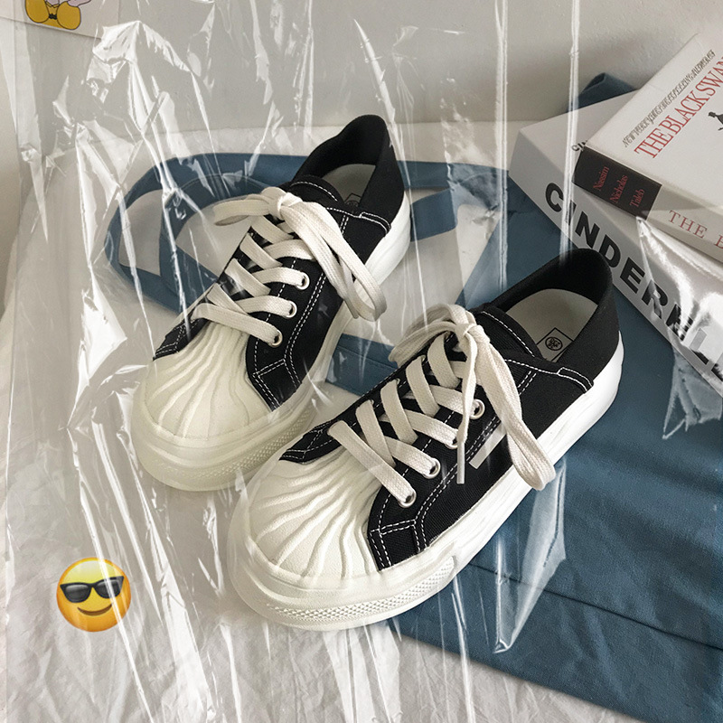 貝殼頭帆布鞋女2021春季新款日系學生板鞋ins網紅休閑純色潮鞋子