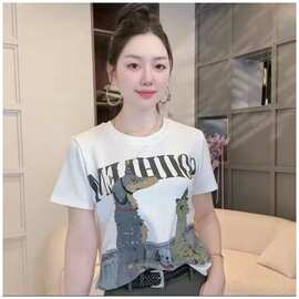 一件代发 2026年夏季新款中年妈妈卡通图片T恤衫短袖圆领打底衫女
