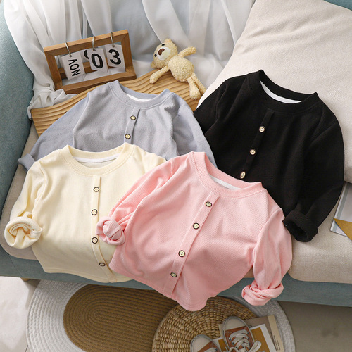 Sweet Long-Sleeve T-Shirt for Girls, 24-Count Knit Base Layer, Children's Ribbed Elastic Top with Buttons – Perfect for Keeping Warm