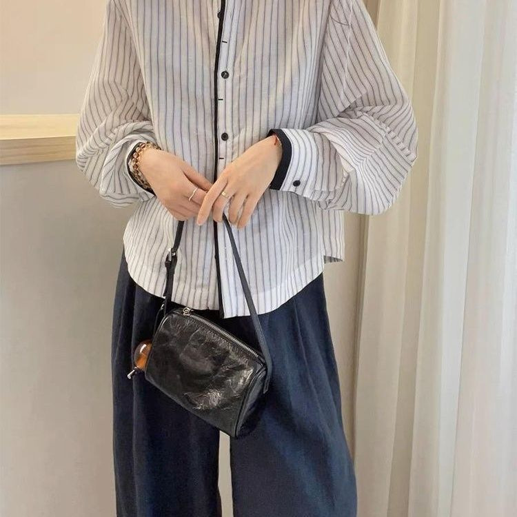 灯笼袖竖条纹休闲衬衫女2025早秋新款女装设计感上衣潮|undefined