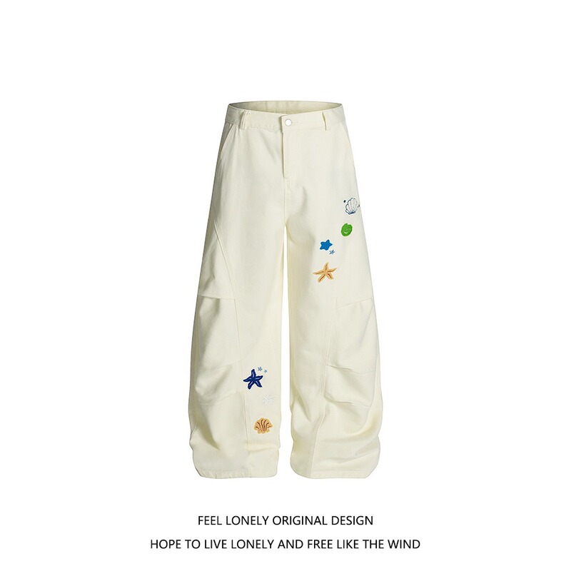 New Style Starfish Shell Embroidered Wide-Leg Cargo Pants 2025 Summer Straight Loose Casual Long Pants