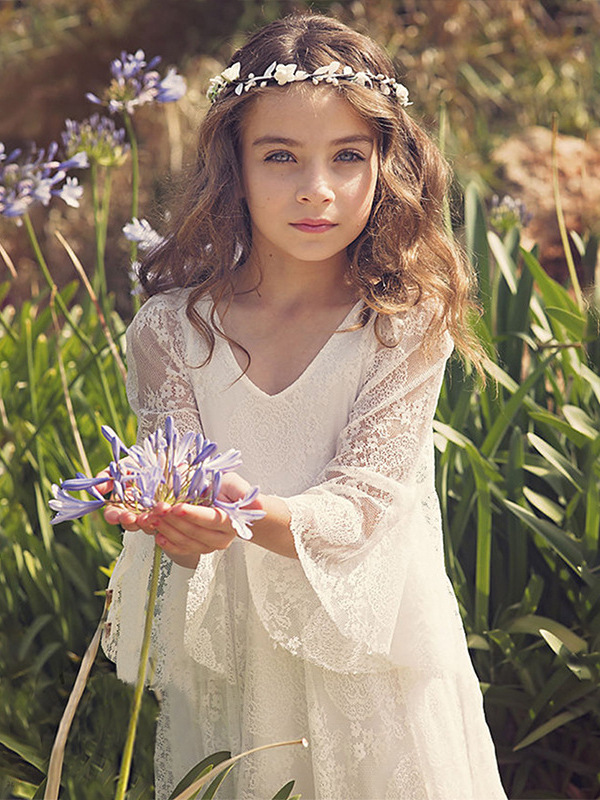 Suministro de comercio exterior nueva ropa para niños vestido de encaje de niña de flores manga larga cuello redondo mono de los niños vestido largo traje de acogida