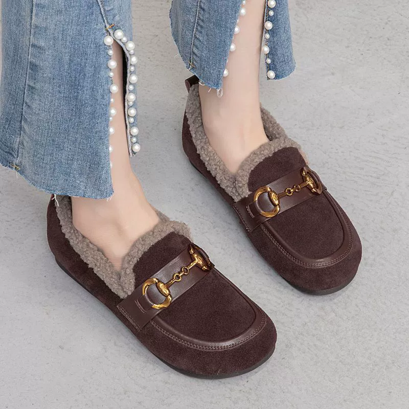 Пушистые туфли на мягкой подошве с говяжьим сухожилием, женские плоские туфли на плоской подошве, новые зимние универсальные модные лоферы с круглым носком, ткань Old Beijing, 2023