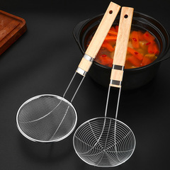 不鏽鋼火鍋勺過濾網漏勺小木柄線漏勺廚房油炸撈水餃麵條笊籬批發