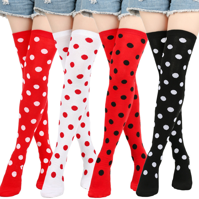 Cross-Border European and American Long Socks for Women over the Knee Performance Party Cos Seven-Star Red and Black Polka Dot Socks Polka Dot Stockings