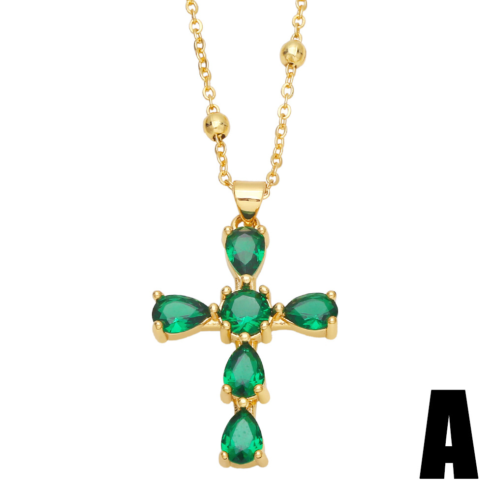 Fashion Cross Green Zircon Copper 18k Gold-plated Necklace display picture 2