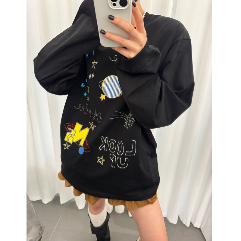 重工刺绣中长款T恤长袖女欧货秋冬套头圆领慵懒风时尚大版百搭潮T