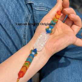 复古国风纯手工编织拉线富贵花开雕刻图片手牌岫玉手绳时尚简约