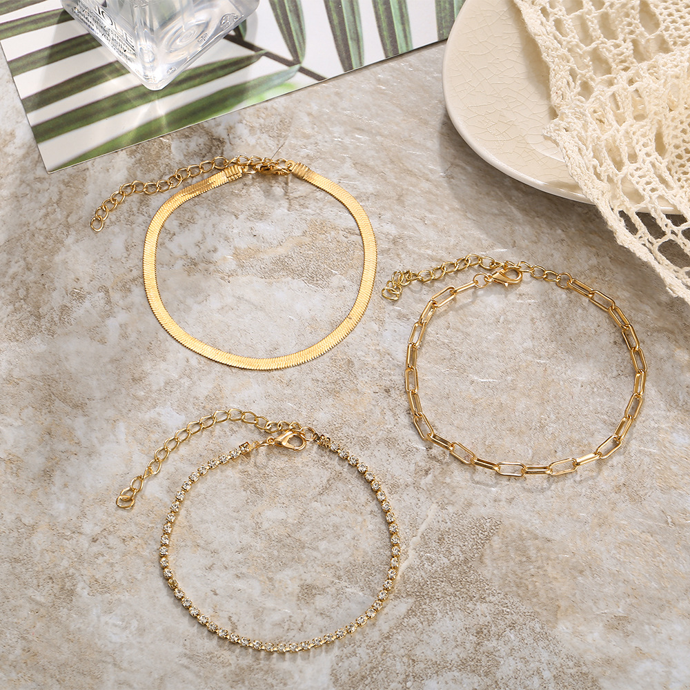 retro multi-layer chain full diamond anklet three-piece set