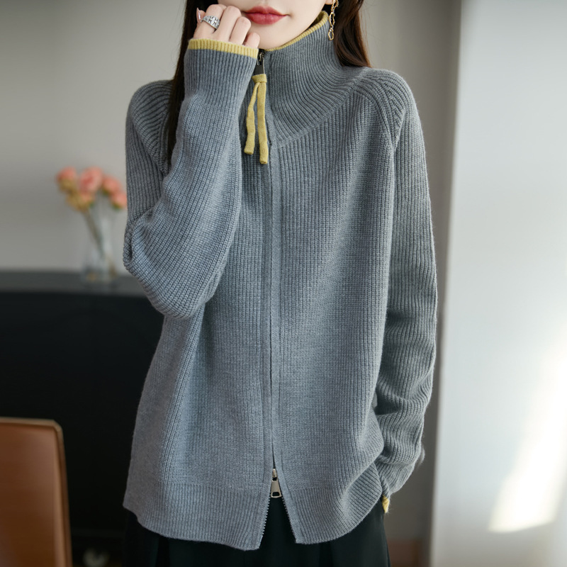 2026 Fall/Winter New Double-Zipper Loose Stand-Up Collar Wool Knit Cardigan Coat Korean Style Color-Block Sweater Top
