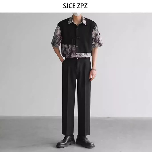 Stitching Men's Summer Shirt, Hong Kong Style, Student Loose Fit, Unique Design, Fun Men's Top for Outerwear