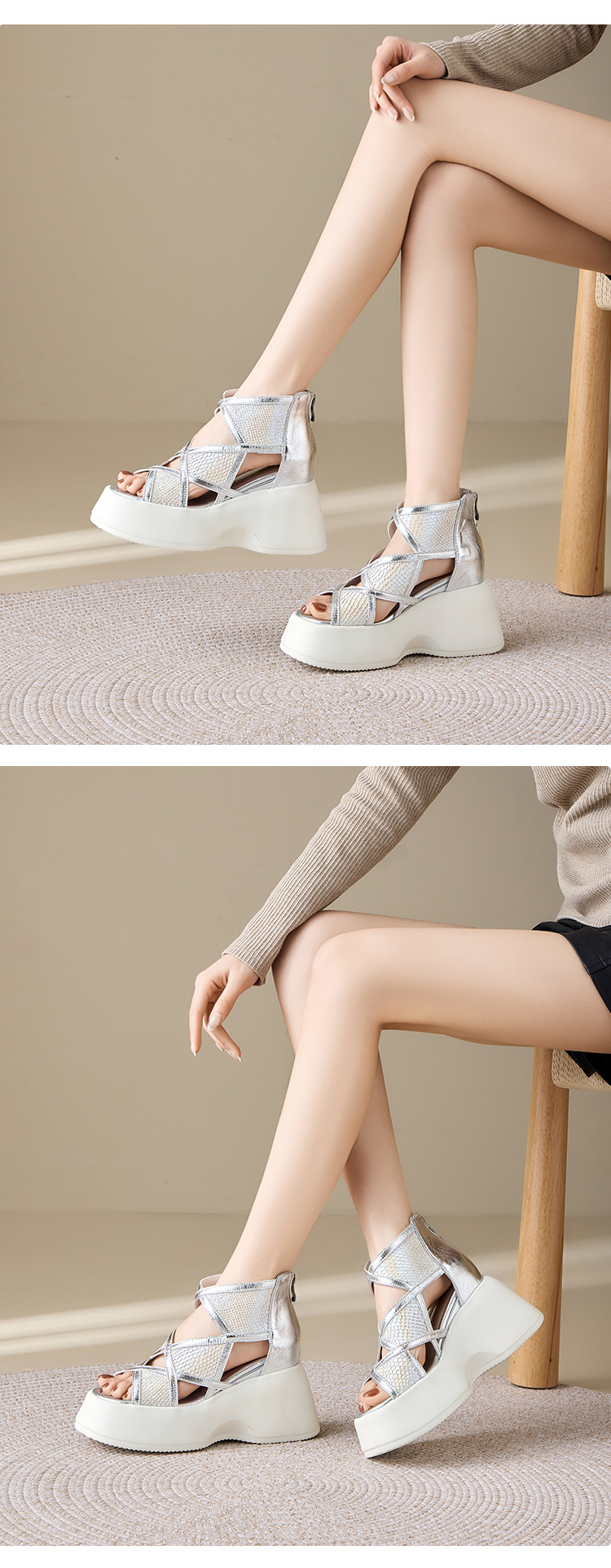 Sandal cao gót nữ quai chéo đế dày platform hở mũi — màu mơ, bạc chi tiết 9
