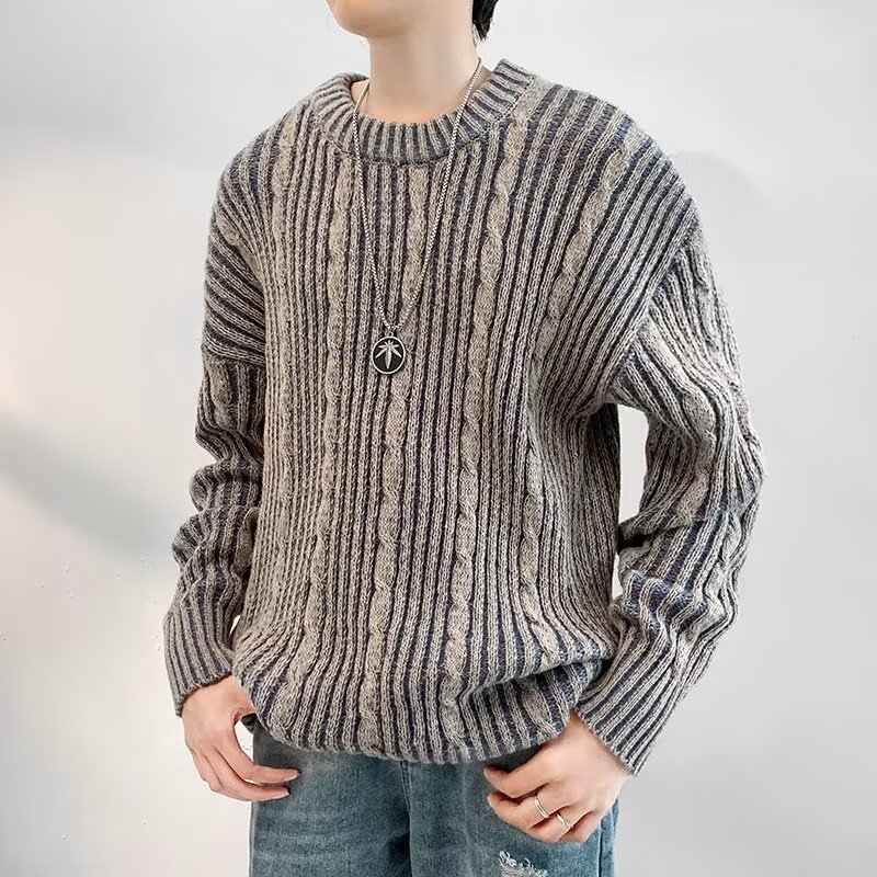 Hochwertiger, farblich passender, vertikal gestreifter Rundhalspullover im Herrenbekleidungsstil für Männer und Frauen, lockerer Retro-Jugendpullover für Frühling und Herbst_voghion.com