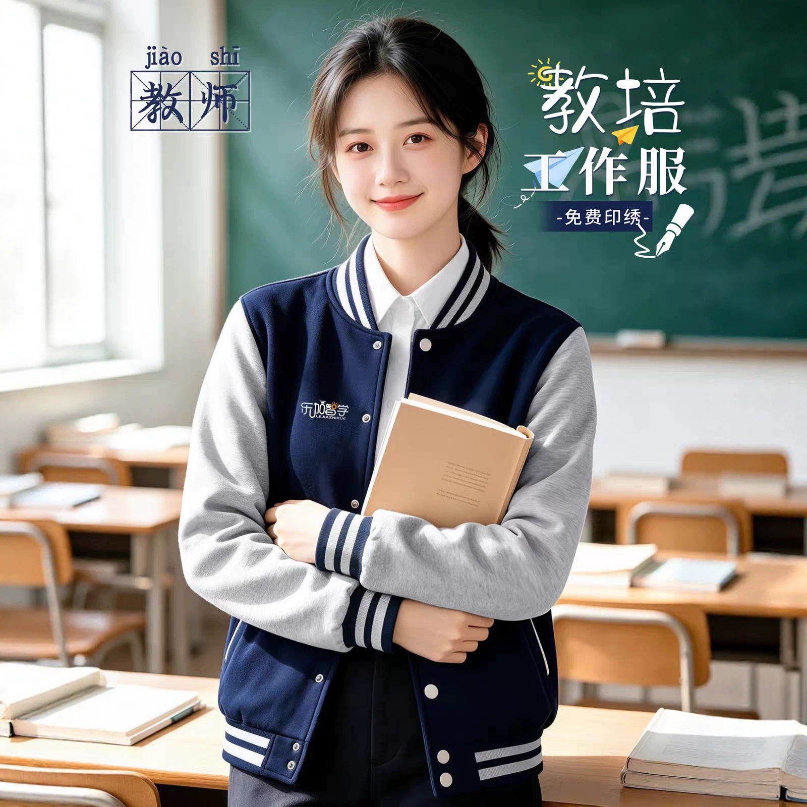 Customized Teacher Baseball Uniforms, Workwear with Logo Printing, Autumn and Winter Training Institution Teacher Uniforms, Sweatshirts, and Jackets