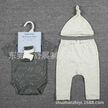 婴儿包屁衣四件套外贸尾单ins风短袖连体衣+长裤+袜子+发带