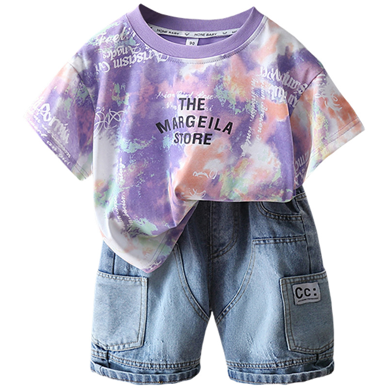 7289 Traje de verano para niños 2025 Nueva camiseta de manga corta con estampado de tie-dye para niños Verano fresco y atractivo de dos piezas Verano 5