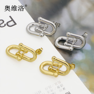 奥维洛 Titanium steel commuting casting simple concentric lock earrings light luxury gold and silver original splicing Maillard earrings