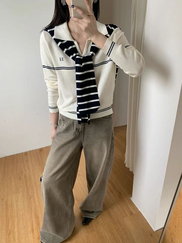 条纹坑条翻领针织T恤2025秋季新款女装简约时尚洋气套头修身上衣|undefined