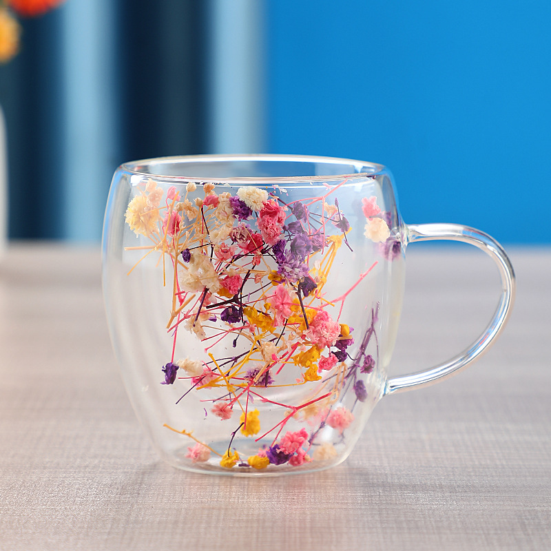 Taza de arenas movedizas de pétalos de celebridades de Internet con vidrio de doble capa resistente al calor con borosilicato alto, flor seca de alto valor, taza de té con leche de flores reales